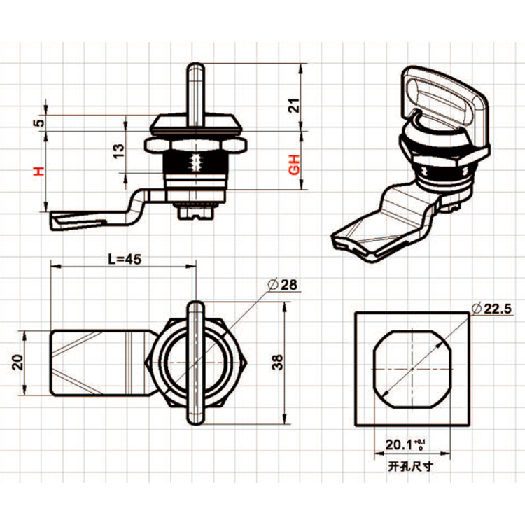 Фланцевая ручка Поворотный язычок Lock-A6306-1；2